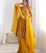 Radiant yellow floral printed anarkali palazzo set with dupatta