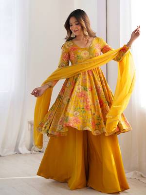 Radiant yellow floral printed anarkali palazzo set with dupatta 2