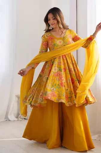 Radiant yellow floral printed anarkali palazzo set with dupatta