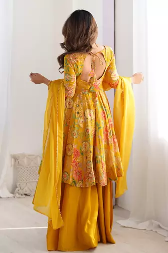 Radiant yellow floral printed anarkali palazzo set with dupatta