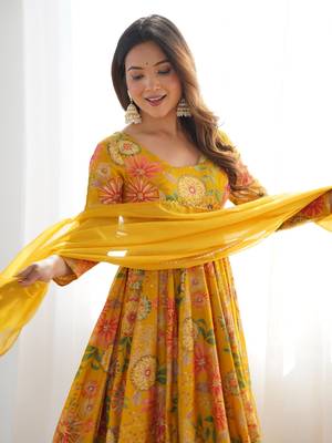 Radiant yellow floral printed anarkali palazzo set with dupatta 4