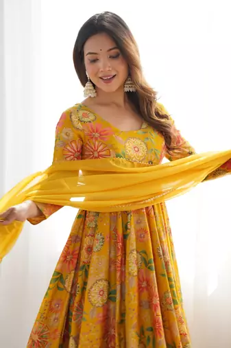 Radiant yellow floral printed anarkali palazzo set with dupatta