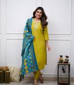 Green embroidered silk kurta set