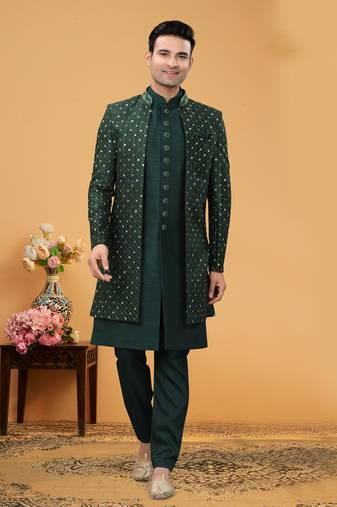 Green embroidery thread art silk kurta payjama with jacket- free size full stitched