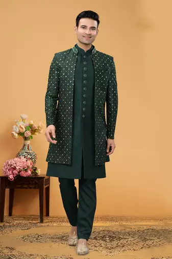 Green embroidery thread art silk kurta payjama with jacket- free size full stitched