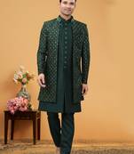 Green embroidery thread art silk kurta payjama with jacket- free size full stitched