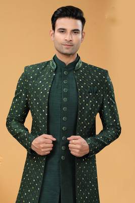 Green embroidery thread art silk kurta payjama with jacket- free size full stitched 2