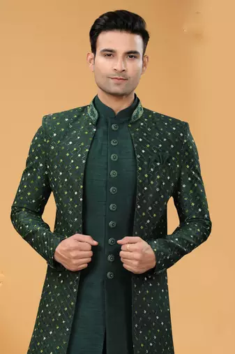 Green embroidery thread art silk kurta payjama with jacket- free size full stitched