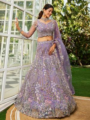 Mauve net and Coding & Zarkan embroidery Semi-Stitched Lehenga choli & Dupatta 1