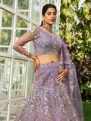 Mauve net and Coding & Zarkan embroidery Semi-Stitched Lehenga choli & Dupatta 2