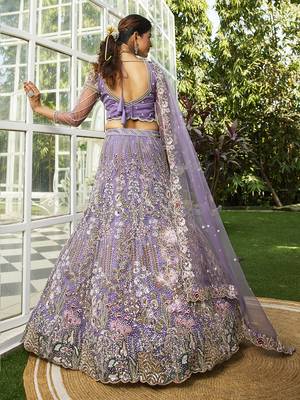Mauve net and Coding & Zarkan embroidery Semi-Stitched Lehenga choli & Dupatta 3