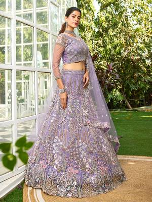 Mauve net and Coding & Zarkan embroidery Semi-Stitched Lehenga choli & Dupatta 4