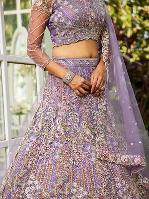 Mauve net and Coding & Zarkan embroidery Semi-Stitched Lehenga choli & Dupatta 5