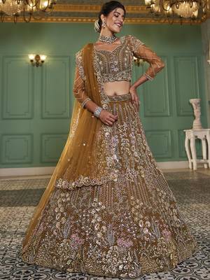 Mustard net and Coding & Zarkan embroidery Semi-Stitched Lehenga choli & Dupatta 3