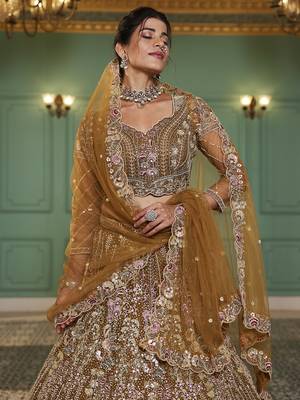 Mustard net and Coding & Zarkan embroidery Semi-Stitched Lehenga choli & Dupatta 5