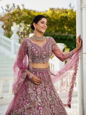Lavender net and Coding & Zarkan embroidery Semi-Stitched Lehenga choli & Dupatta 4