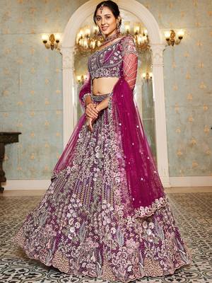 Burgundy net and Coding & Zarkan embroidery Semi-Stitched Lehenga choli & Dupatta 1