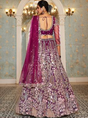 Burgundy net and Coding & Zarkan embroidery Semi-Stitched Lehenga choli & Dupatta 2