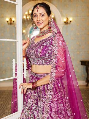 Burgundy net and Coding & Zarkan embroidery Semi-Stitched Lehenga choli & Dupatta 3