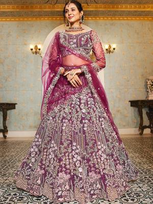 Burgundy net and Coding & Zarkan embroidery Semi-Stitched Lehenga choli & Dupatta 4
