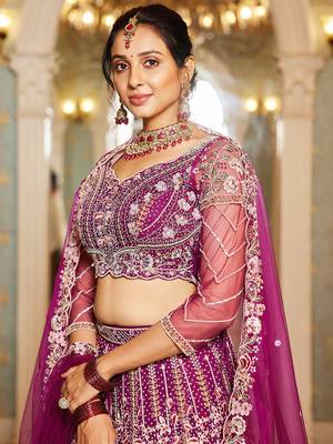 Burgundy net and Coding & Zarkan embroidery Semi-Stitched Lehenga choli & Dupatta 5