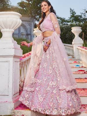 Blush Pink Floral Lehenga Set with Net Dupatta 1