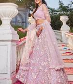 Blush Pink Floral Lehenga Set with Net Dupatta