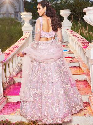 Blush Pink Floral Lehenga Set with Net Dupatta 2