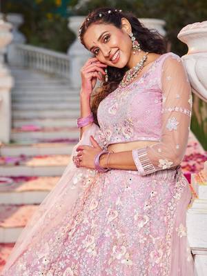 Blush Pink Floral Lehenga Set with Net Dupatta 3