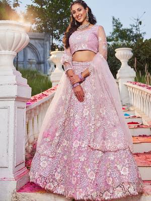 Blush Pink Floral Lehenga Set with Net Dupatta 4