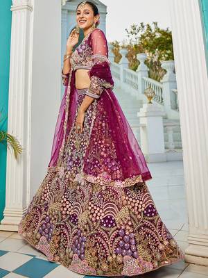 Burgundy net with Coding & Zarkan embroidery Semi-Stitched Lehenga choli & Dupatta 2