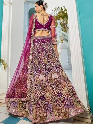 Burgundy net with Coding & Zarkan embroidery Semi-Stitched Lehenga choli & Dupatta 3