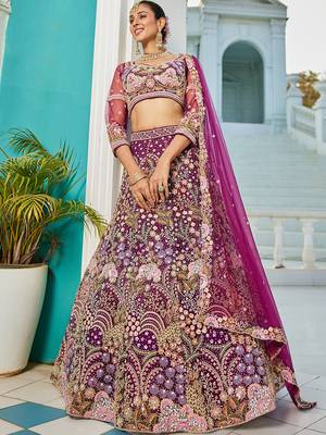 Burgundy net with Coding & Zarkan embroidery Semi-Stitched Lehenga choli & Dupatta 1