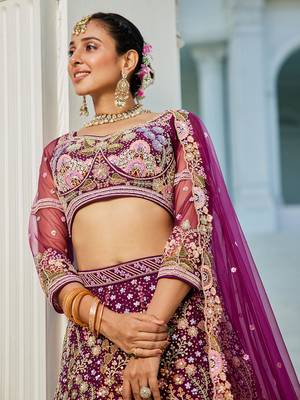 Burgundy net with Coding & Zarkan embroidery Semi-Stitched Lehenga choli & Dupatta 4