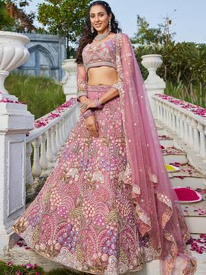 Pink Net Sequins and Dori Work Lehenga Choli 1