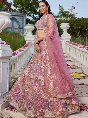 Pink Net Sequins and Dori Work Lehenga Choli 3