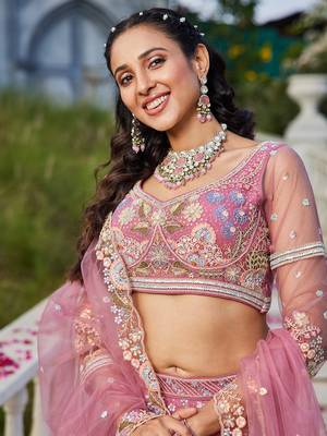 Pink Net Sequins and Dori Work Lehenga Choli 4