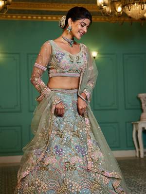 Lime green net with coding & zarkan embroidery semi-stitched lehenga choli & dupatta 2