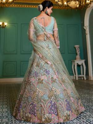 Lime green net with coding & zarkan embroidery semi-stitched lehenga choli & dupatta 3