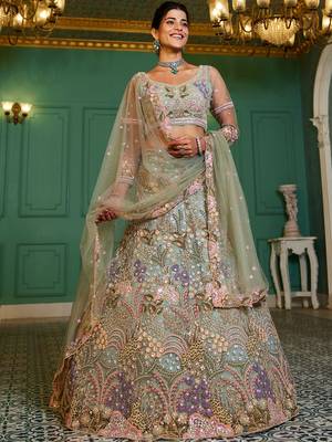 Lime green net with coding & zarkan embroidery semi-stitched lehenga choli & dupatta 1