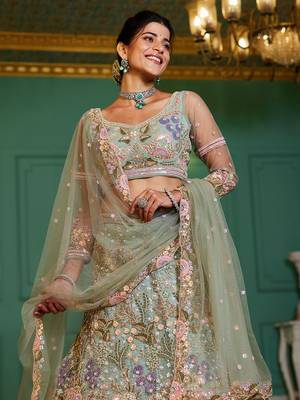 Lime green net with coding & zarkan embroidery semi-stitched lehenga choli & dupatta 4