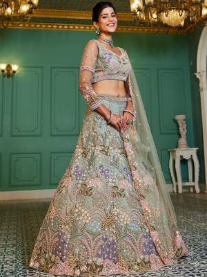 Lime green net with coding & zarkan embroidery semi-stitched lehenga choli & dupatta 5