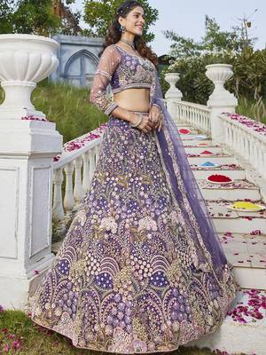 Purple net with Coding & Zarkan embroidery Semi-Stitched Lehenga choli & Dupatta 1