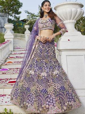 Purple net with Coding & Zarkan embroidery Semi-Stitched Lehenga choli & Dupatta 3