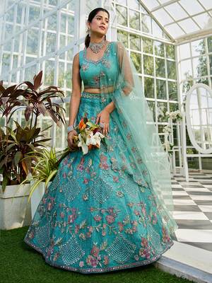 Lime Green net with Coding & Zarkan embroidery Semi-Stitched Lehenga choli & Dupatta 1