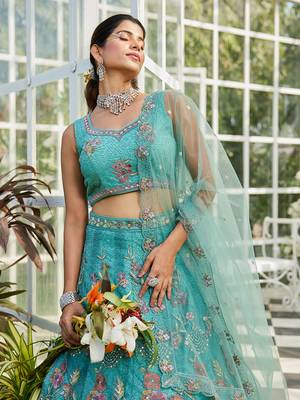 Lime Green net with Coding & Zarkan embroidery Semi-Stitched Lehenga choli & Dupatta 2