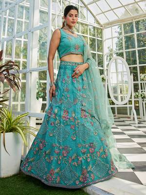 Lime Green net with Coding & Zarkan embroidery Semi-Stitched Lehenga choli & Dupatta 3