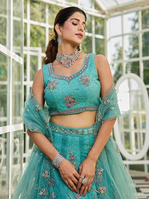 Lime Green net with Coding & Zarkan embroidery Semi-Stitched Lehenga choli & Dupatta 4