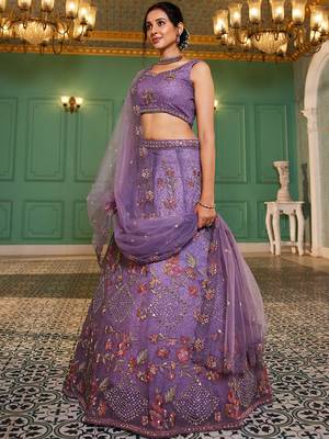 Purple net with Coding & Zarkan embroidery Semi-Stitched Lehenga choli & Dupatta 2