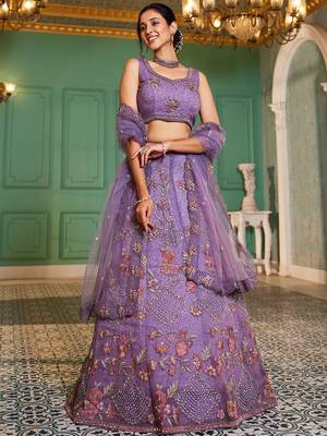 Purple net with Coding & Zarkan embroidery Semi-Stitched Lehenga choli & Dupatta 4